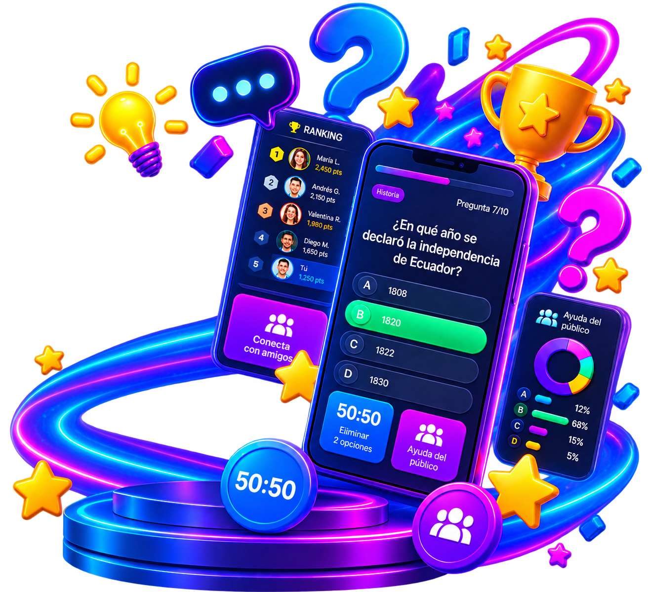 Vista previa de una trivia en DootsPlay: pregunta en juego, ranking en vivo y ayudas 50:50 y ayuda del público