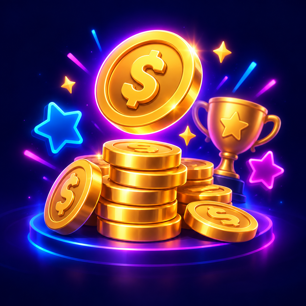 Pila de monedas doradas y un trofeo